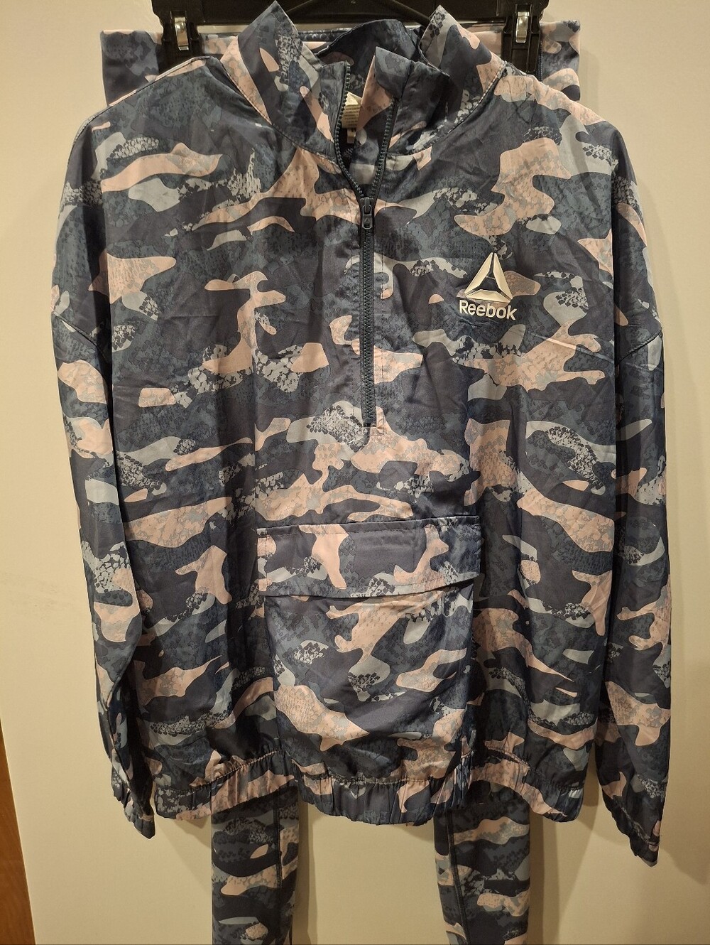 Reebok Navy and Pale Pink Camo Half-Zip Windbreaker with Matching Pants